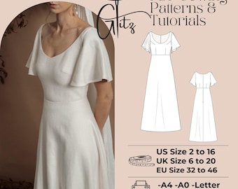 Bridal Gown Sewing Pattern: Minimalist Scoop Neck, Flutter Sleeves (PDF Pattern)