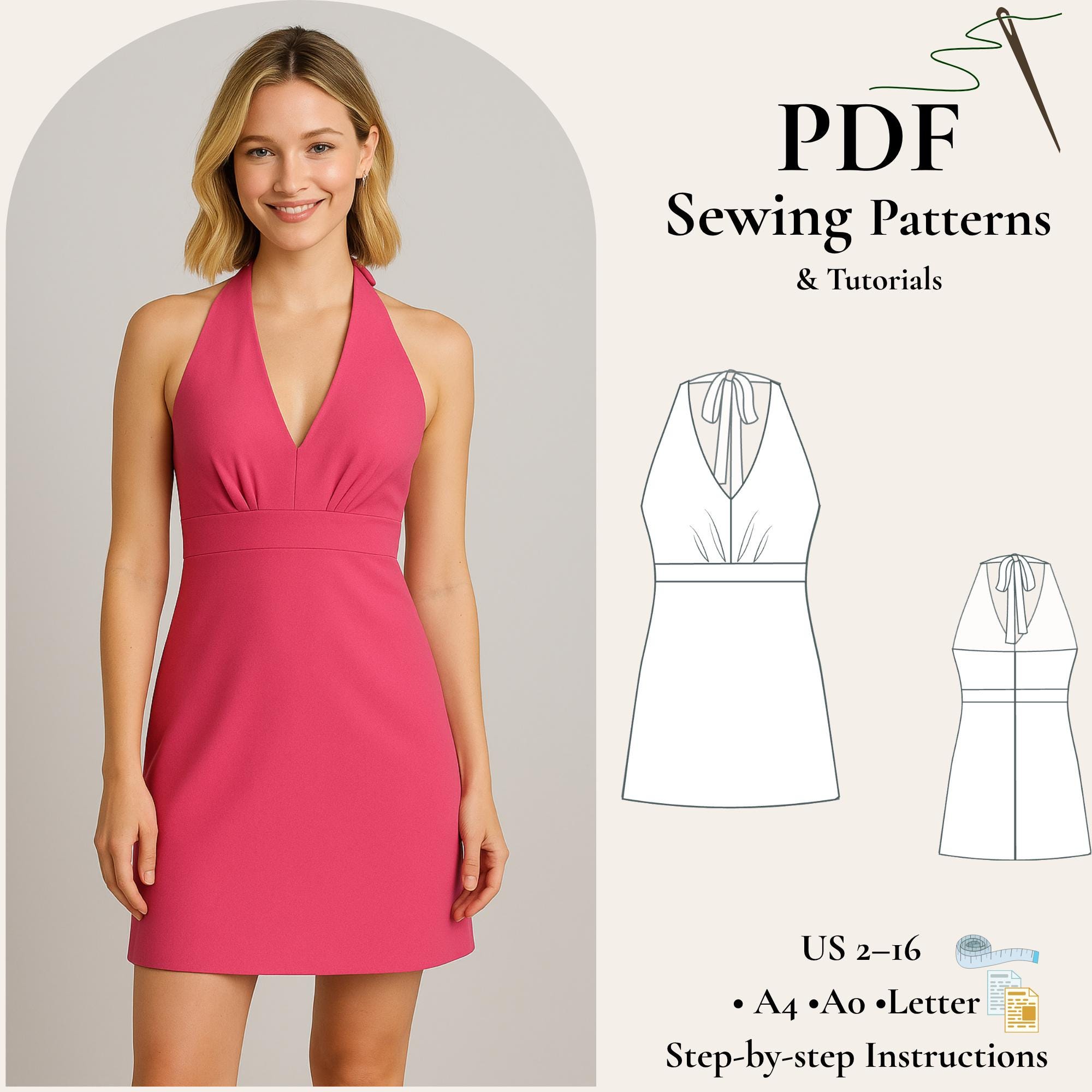 halter dress pattern pdf Mini Sewing PDF, V Neck Dress Pattern, Pleated Waist Dress, Open Back Dress Pattern, Summer Party Dress XS-5XL diy halter dress pattern free