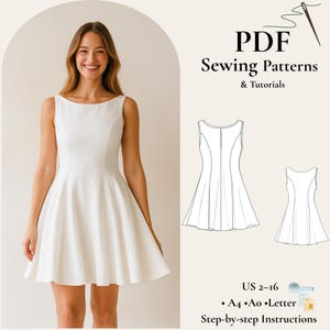May include: A woman wearing a white sleeveless dress. The dress has a fitted bodice and a flared skirt. The image also includes a line drawing of the dress and the text "PDF Sewing Patterns & Tutorials". The dress pattern is available in US sizes 2-16.