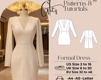 V-Neck Mini Dress Sewing Pattern, Long Sleeve Bridal Bridesmaid (PDF)