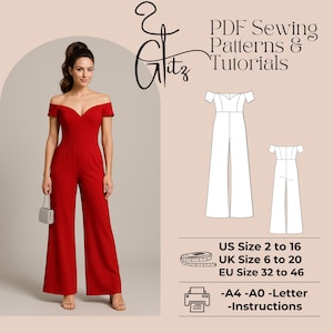 May include: A PDF sewing pattern and tutorial for a red off-the-shoulder jumpsuit. The pattern includes sizes US 2 to 16, UK 6 to 20, and EU 32 to 46. The pattern is available in A4, A0, and Letter sizes. The pattern also includes instructions.