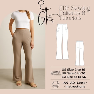 May include: A digital sewing pattern for wide-leg pants. The pattern includes instructions and is available in sizes US 2 to 16, UK 6 to 20, and EU 32 to 46. The pattern can be printed on A4, A0, or Letter size paper.
