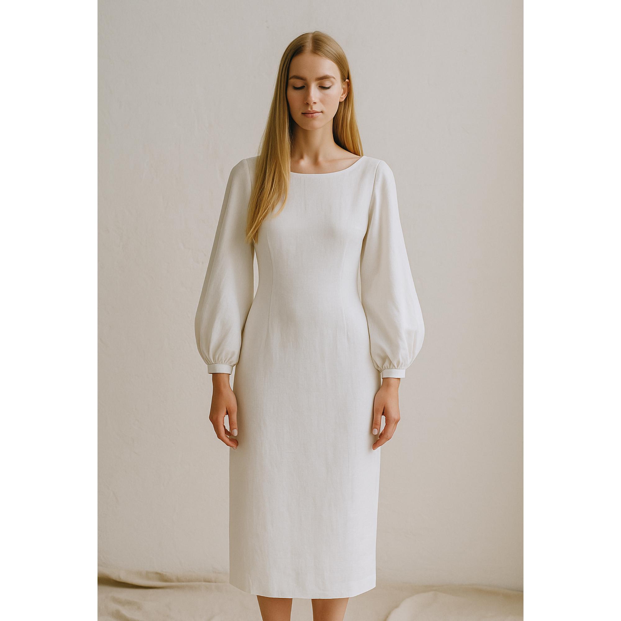 Midi Linen Pencil Dress Sewing Pattern, Puff Sleeve (PDF Pattern