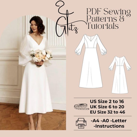 Puff Sleeve Midi Dress Sewing Pattern, Deep V Neck (PDF) - Etsy