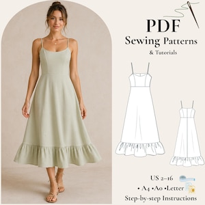 Peut inclure: Une femme porte une robe à fines bretelles vert clair avec un ourlet à volants. L'image montre également un dessin au trait de la robe et le texte "PDF Sewing Patterns & Tutorials" et "US 2-16".