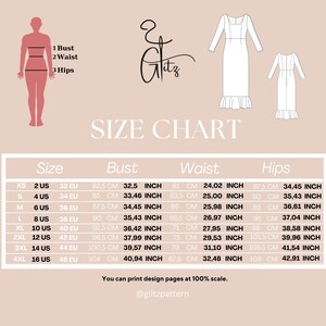 May include: Size chart for a dress pattern with measurements in inches and centimeters. The chart includes sizes XS to 4XL, with corresponding US, EU, bust, waist, and hip measurements.