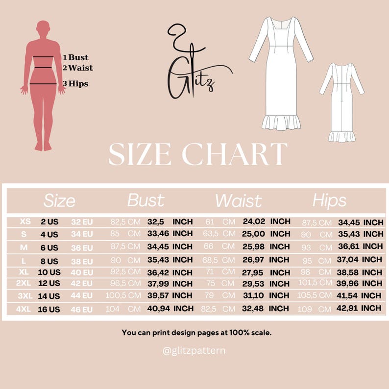 May include: Size chart for a dress pattern with measurements in inches and centimeters. The chart includes sizes XS to 4XL, with corresponding US, EU, bust, waist, and hip measurements.