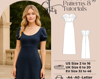 Victorian Regency Dress Sewing Pattern, Empire Waist (PDF Pattern)