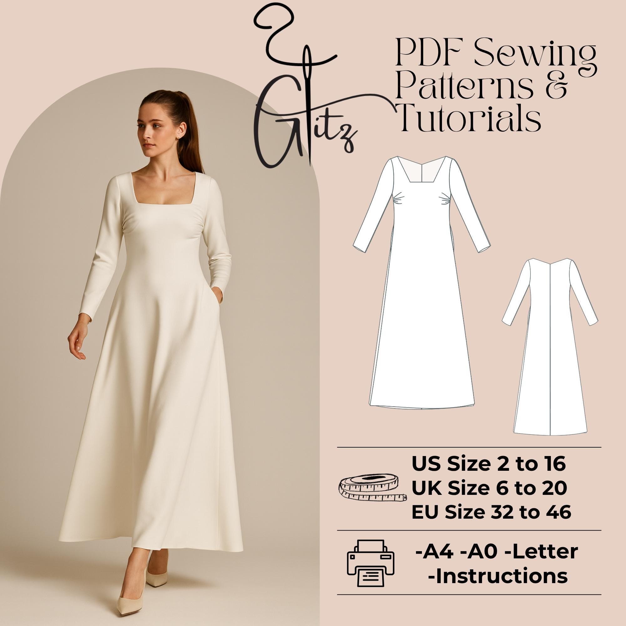 A-line Maxi Dress Sewing Pattern, Square Neck (PDF Pattern) - Etsy