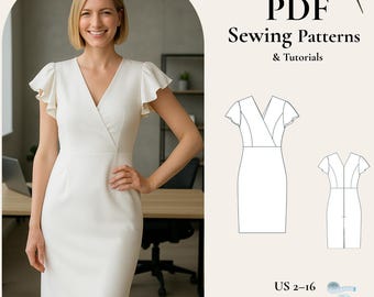 Patrón de vestido cruzado midi, estilo oficina para mujer (patrón PDF)