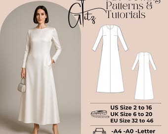 Long Sleeve Evening Dress Sewing Pattern (PDF) Modest Dress