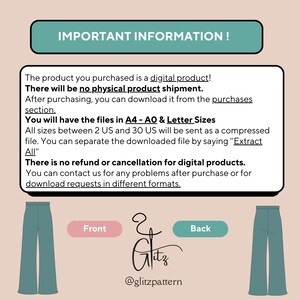 Puede incluir: Gr&aacute;fico informativo sobre un producto digital, con ilustraciones de pantalones color teal. El texto incluye "&iexcl;INFORMACI&Oacute;N IMPORTANTE!" y detalles sobre descargas digitales, tama&ntilde;os de archivo y pol&iacute;ticas de reembolso. El gr&aacute;fico tambi&eacute;n presenta el logotipo "Glitz" y el identificador de redes sociales.