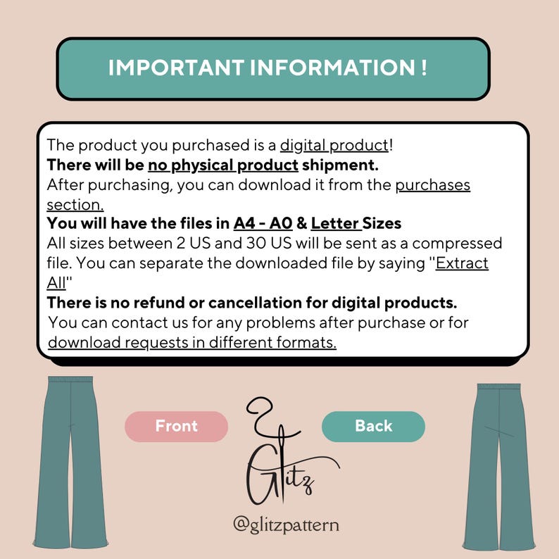 Puede incluir: Gr&aacute;fico informativo sobre un producto digital, con ilustraciones de pantalones color teal. El texto incluye "&iexcl;INFORMACI&Oacute;N IMPORTANTE!" y detalles sobre descargas digitales, tama&ntilde;os de archivo y pol&iacute;ticas de reembolso. El gr&aacute;fico tambi&eacute;n presenta el logotipo "Glitz" y el identificador de redes sociales.
