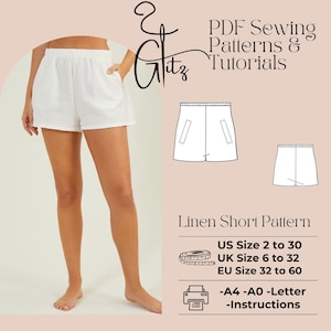 May include: A white linen short pattern sewing tutorial. The pattern includes sizes US 2 to 30, UK 6 to 32, and EU 32 to 60. The pattern is available in A4, A0, and Letter sizes. The pattern also includes instructions.