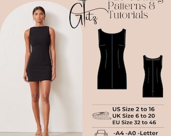 May include: A woman wearing a black sleeveless dress. The image includes a PDF sewing pattern with size charts and instructions. The text on the image reads "PDF Sewing Patterns & Tutorials" and "Glitz".