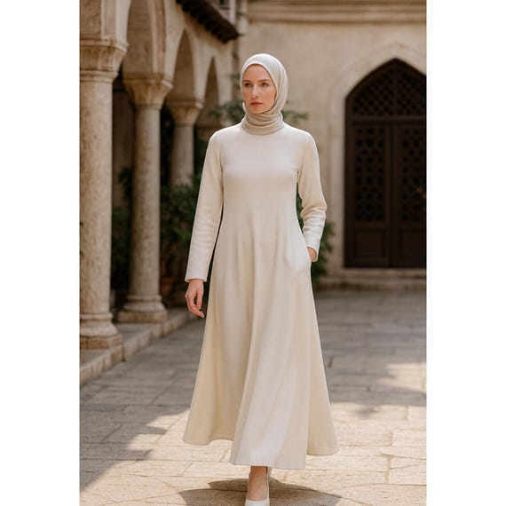 beige hijab dress Beige Inner Slip Dress in Soft Crush Crepe - Perfect for Summer main image 1