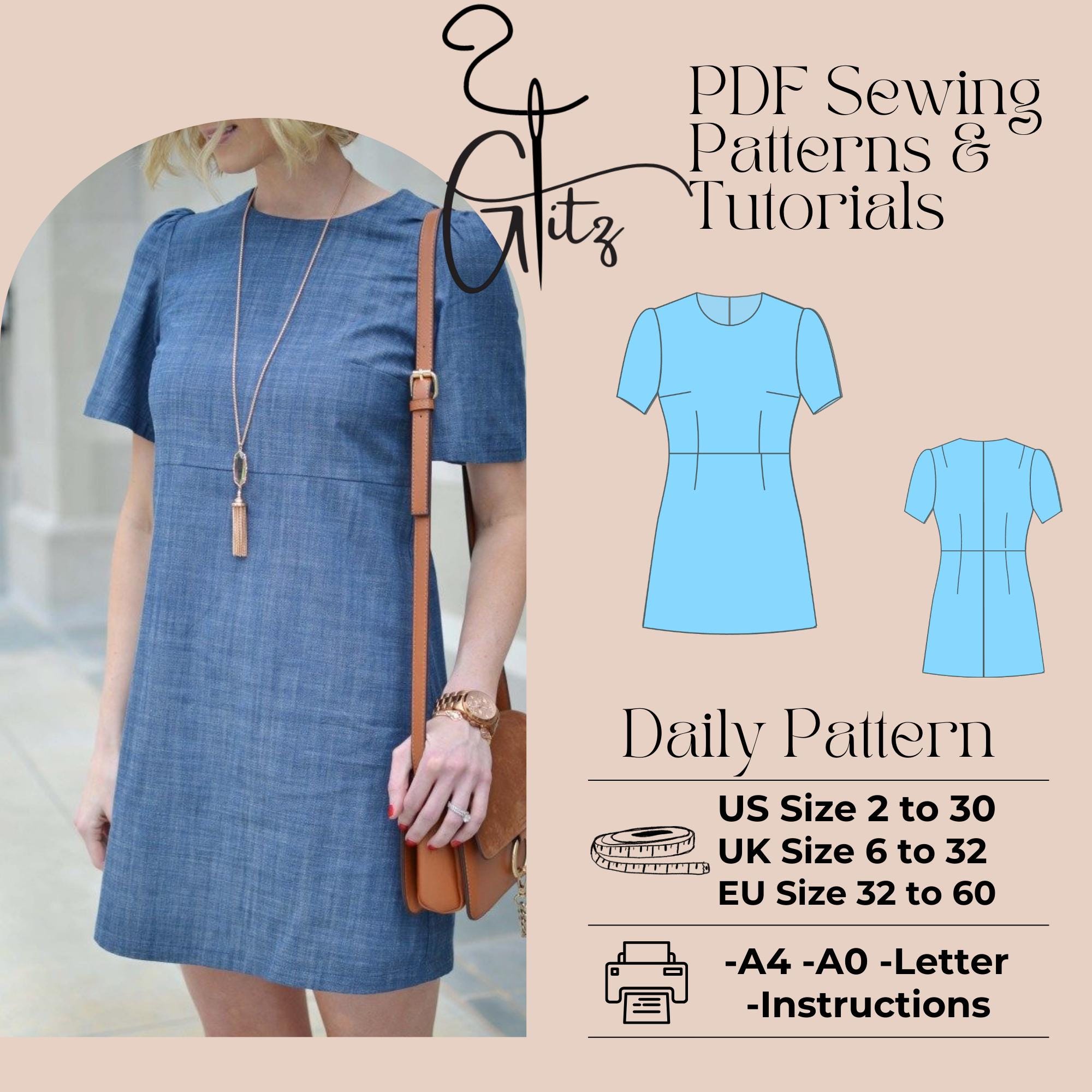 Mini Dress Sewing Pattern, Short Sleeve Casual Style (PDF Pattern) - Etsy Mini Dress Sewing Pattern, Short Sleeve Casual Style (PDF Pattern) - Etsy