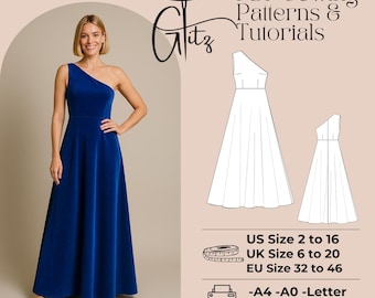 One Shoulder Dress Sewing Pattern: Prom, Bridesmaid, Bridal (PDF Pattern)