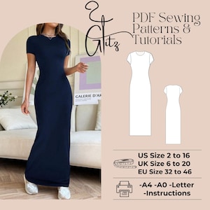 Peut inclure: Patron de couture PDF et tutoriel pour une robe maxi. Le patron comprend des instructions pour les tailles US 2 à 16, UK 6 à 20 et EU 32 à 46. Le patron est disponible en tailles A4, A0 et Letter.