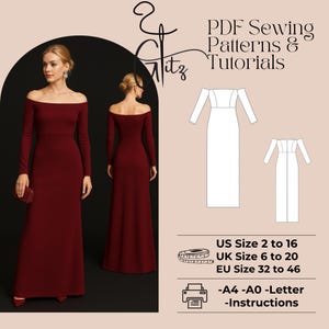 May include: A burgundy off-the-shoulder long-sleeve dress is featured in a fashion illustration. The image includes a front and back view of the dress, along with the text "PDF Sewing Patterns & Tutorials." Size charts for US, UK, and EU sizes are also included.