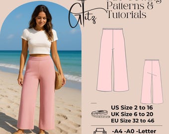 Summer Linen Palazzo Capri Cropped Wide Leg Elastic Waist Pants Digital Sewing Pattern PDF