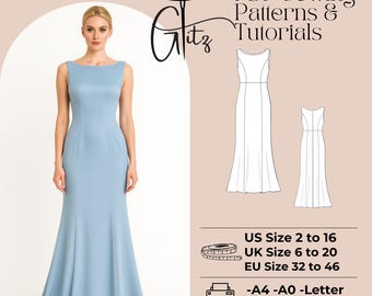 Mermaid Evening Dress Sewing Pattern (US 2-30, EU 32-60) (PDF Pattern)