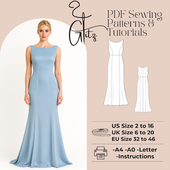 Mermaid Evening Dress Sewing Pattern (US 2-30, EU 32-60) (PDF Pattern) -  Etsy