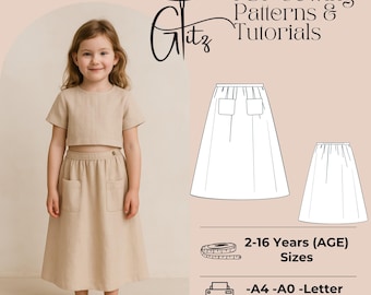 Girls Skirt Sewing Pattern PDF, Easy Elastic Waist Skirt Pattern, Kids Skirt PDF, Beginner Sewing Pattern, Ages 2-16, Instant Download
