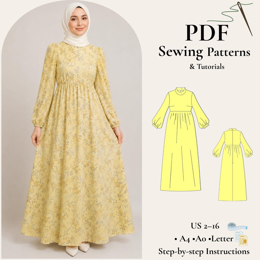 Modest Maxi Dress Sewing Pattern PDF, Empire Waist Bishop Sleeve