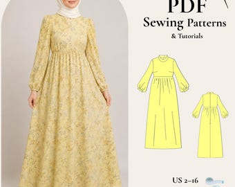 Wykrój sukienki maxi w formacie PDF, wykrój sukienki z podwyższonym stanem i rękawami typu „bishop”, wykrój sukienki muzułmańskiej, format A4/A0, natychmiastowe pobranie