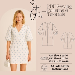 May include: A white dress with a blue floral pattern and a V-neckline. The dress has puffed sleeves and a fitted bodice. The dress is shown on a model with a light pink background. The text "PDF Sewing Patterns & Tutorials" is shown in black text on the top right of the image. The text "US Size 2 to 16, UK Size 6 to 20, EU Size 32 to 46" is shown in black text on the bottom right of the image. The text "-A4-A0-Letter -Instructions" is shown in black text on the bottom right of the image.