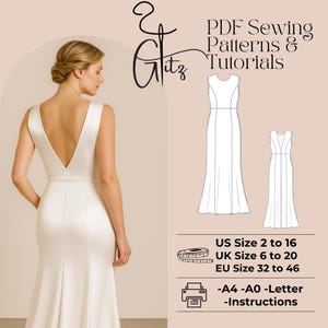 Puede incluir: Una mujer con un vestido blanco sin mangas y cuello en V. La imagen incluye el texto "PDF Sewing Patterns & Tutorials" y tablas de tallas para tallas de EE. UU., Reino Unido y la UE. El patrón del vestido está disponible en tallas de la UE 32 a 46.