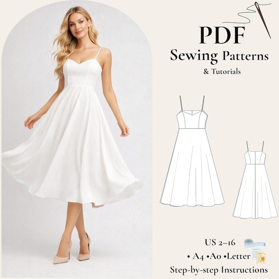 Spaghetti Strap Midi Dress Sewing Pattern PDF, Princess Seam Dress Pattern, Summer Dress Pattern, Flowy A Line Dress, Bridal Gown