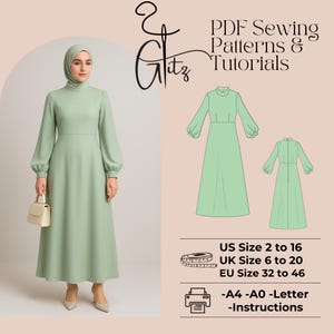 May include: A digital sewing pattern for a long, green dress with a high neck and long sleeves. The pattern includes instructions and is available in sizes US 2 to 16, UK 6 to 20, and EU 32 to 46.