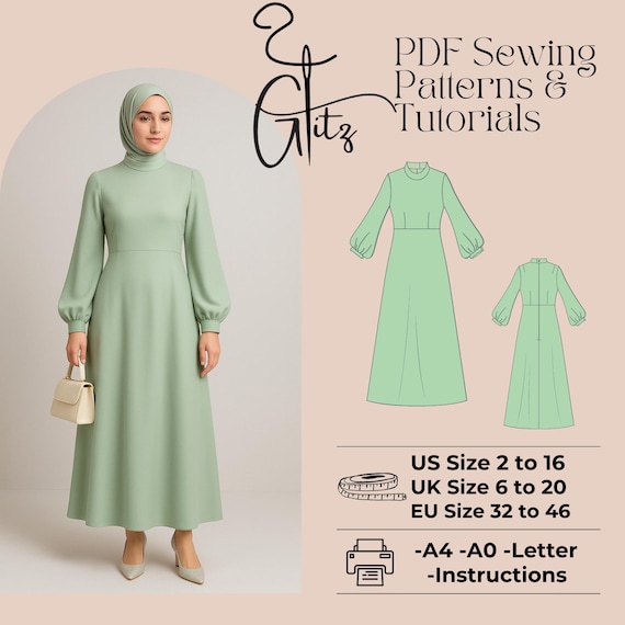Puff Sleeve Midi Dress Sewing Pattern (PDF) - US 2-30 / EU 32-60 - Etsy
