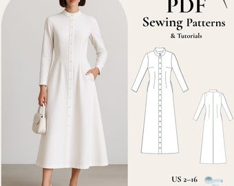 Mönster för minimalistisk klänning med knappar framtill i PDF-format, mönster för blygsam midiklänning, klänning med ståkrage, mönster för långärmad klänning, A4 A0 Letter