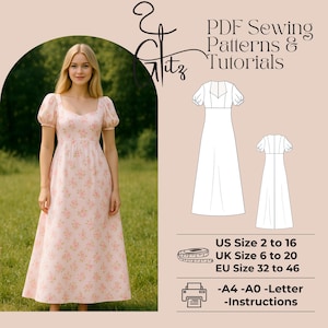 May include: A pink floral dress with puff sleeves is shown on a woman. The image also features a line drawing of the dress and text that says "PDF Sewing Patterns & Tutorials." Size charts for UK, US, and EU sizes are included, along with instructions.
