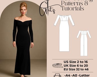 Cartamodello PDF per abito lungo con scollo a V e spalle scoperte, cartamodello per abito da sera aderente, abito slim fit, abito formale, abito da donna