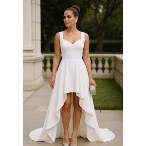May include: A white high-low hemline dress with a sweetheart neckline and a long train. The dress has a fitted bodice and a flowing skirt. The person is wearing silver heels and carrying a silver clutch. The dress is suitable for a wedding or formal event.