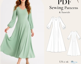 Cottagecore Schnittmuster Abiballkleid mit langen Puffärmeln (PDF-Muster)