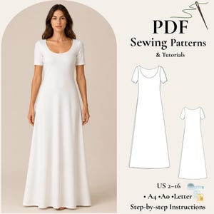 May include: A woman in a white, short-sleeved maxi dress with a scoop neckline. The image includes a PDF sewing pattern with the text "PDF Sewing Patterns & Tutorials" and size details US 2-16. Step-by-step instructions are also included.