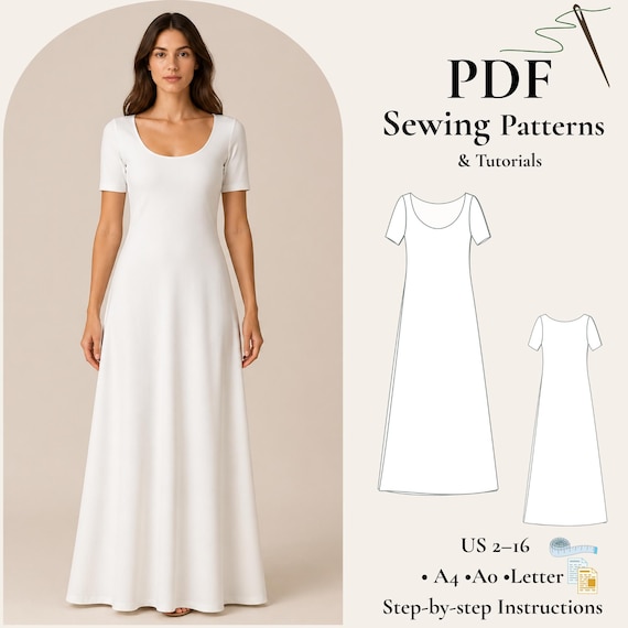 Minimal Maxi Dress Sewing Pattern PDF, Knit Dress Pattern, Scoop Neck Dress,  Comfortable Elegant Dress XS-5XL - Etsy