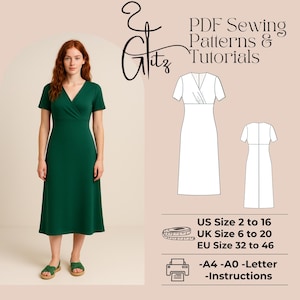 May include: A woman in a dark green midi dress with a V-neck and short sleeves. The image includes a line drawing of the dress and text that reads "PDF Sewing Patterns & Tutorials". Size charts are also included.