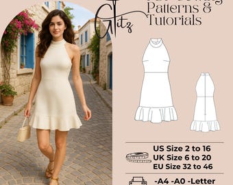 Halter Neck Flounce Mini Dress Sewing Pattern (PDF)