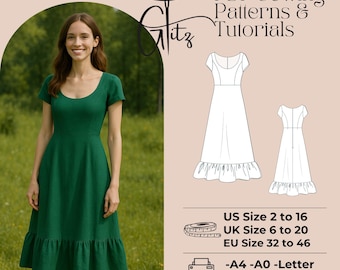 Midi Cottagecore Dress Sewing Pattern, Ruffled Hem (PDF Pattern)