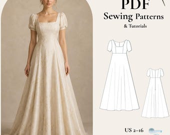 Ball Gown Sewing Pattern, Victorian Cottagecore Prom Dress Regency Inspired Empire Waist Gown | Puff Sleeve Maxi Dress (Digital PDF)