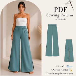 May include: A woman wearing a white strapless top and teal palazzo pants with side slits. The image also features a PDF sewing pattern for wide-leg pants, with the text "PDF Sewing Patterns & Tutorials" and size information.