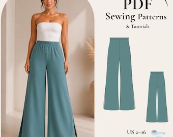Lange, weites Bein, Sommerhose, Leinenhose, Schnittmuster, elastische Taillenhose, Digitalmuster, einfache Hosen, Schnittmuster Palazzo Hose