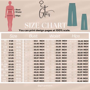 Puede incluir: Tabla de tallas con medidas de busto, cintura y cadera en cm y pulgadas. Incluye tallas XS a 5XL, con un diagrama de una persona que muestra d&oacute;nde medir. Tambi&eacute;n se ve el texto "You can print design pages at 100% scale".