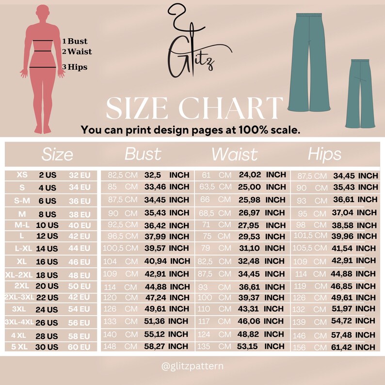 Puede incluir: Tabla de tallas con medidas de busto, cintura y cadera en cm y pulgadas. Incluye tallas XS a 5XL, con un diagrama de una persona que muestra d&oacute;nde medir. Tambi&eacute;n se ve el texto "You can print design pages at 100% scale".